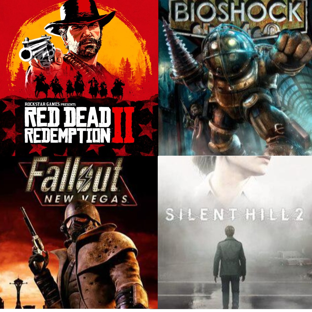 Red Dead Redemption 2 credit Rockstar
Bioshock credit 2k games
Silent Hill 2 credit Konami 
Fallout New Vegas credit Obsidian Entertainment and Bethesda
